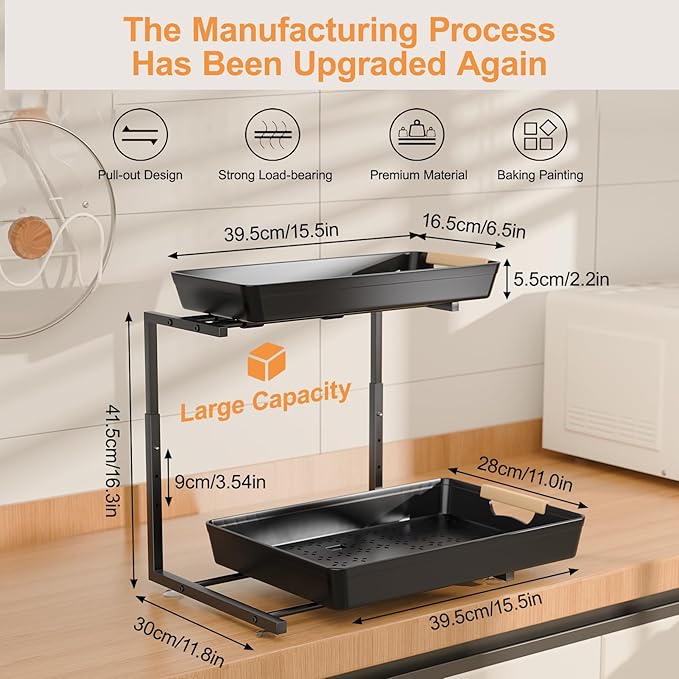 2 Pack Under Sink Organizer Pull 0ut, 3 Height Adjustable Under Kitchen Sink 0rganizer and Storage Black, 2 Tier Double Sliding Drawer Cabinet Organizer for Kitchen Bathroom Pantry