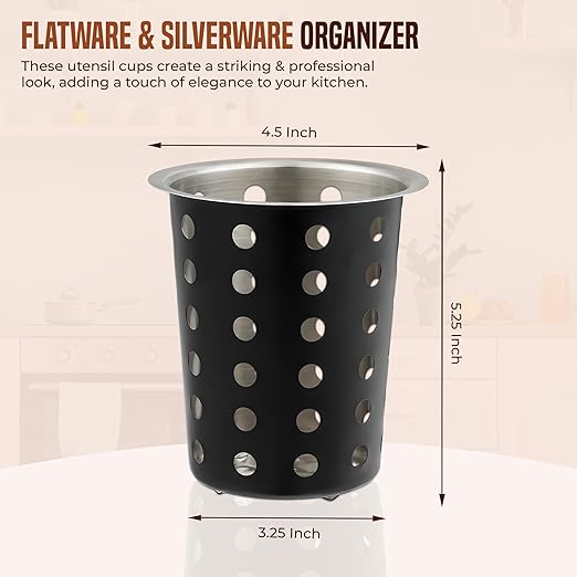 OCS Parts Stainless Steel Utensil Drying Cups | Matte Black | Perforated Kitchen Flatware and Silverware Holder