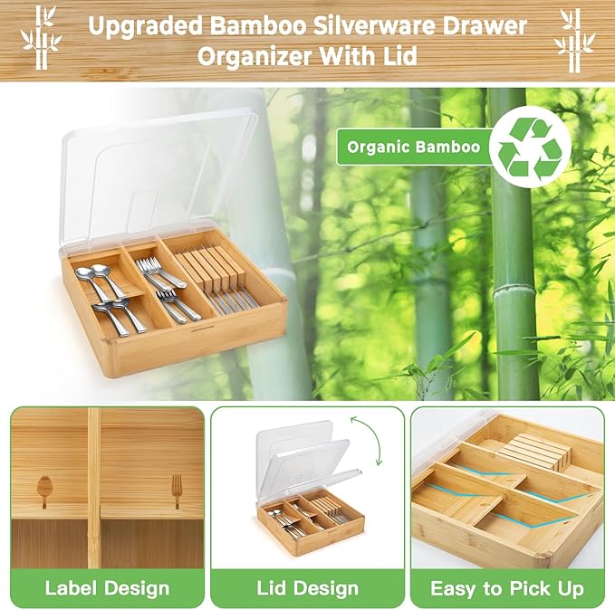 Bamboo Silverware Tray with Lid, Compact Bamboo Utensil Organizer for Kitchen Drawers Countertop, Dust-proof Sturdy Flatware Organizers and Storage Holder with Labels, Steak Knife Block