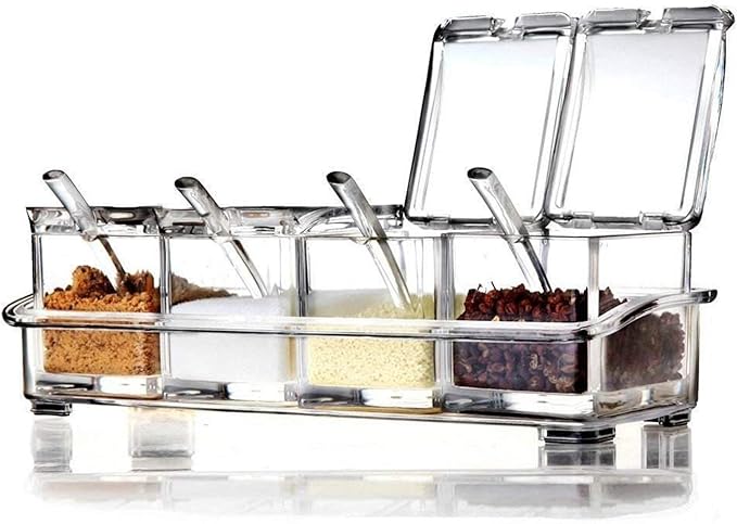 Clear Seasoning Rack Spice Pots by AIQI - 4 Piece Acrylic Seasoning Box - Storage Container Condiment Jars - Cruet with Cover and Spoon