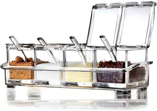 Clear Seasoning Rack Spice Pots by AIQI - 4 Piece Acrylic Seasoning Box - Storage Container Condiment Jars - Cruet with Cover and Spoon