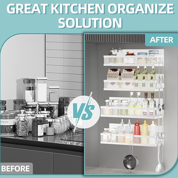 Magnetic Spice Rack for Refrigerator, 4 Pack Magnetic Shelf for Refrigerator,Moveable Fridge Magnetic Spice Racks with 10-Hook Rack for Kitchen Organizers and Storage