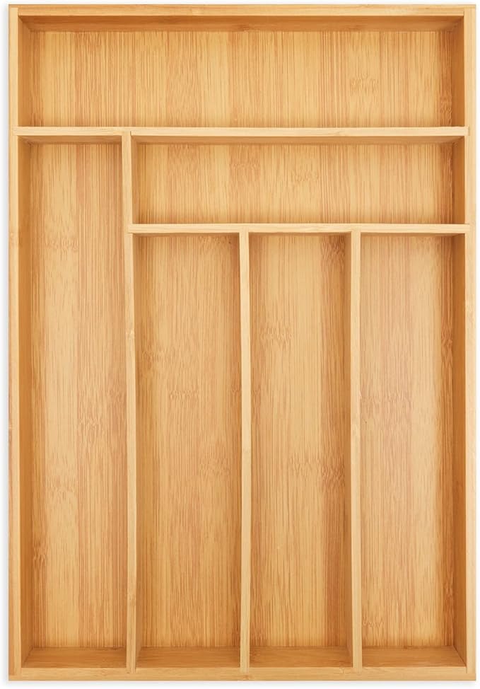 Juvale Bamboo Silverware Organizer for Drawer, Kitchen, 6 Slot Utensil Tray (17 x 11.75 x 1.75 In)