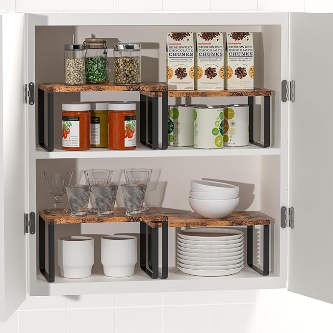 CADUKE Set of 4 Counter Shelves Kitchen Stackable Cabinet Shelf Wood Organizer Expandable Counter Top Racks Brown Bathroom Counter organizer