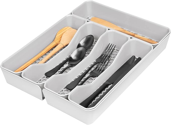 Spectrum Diversified Hexa Drawer Organizer Tray Modern Kitchen Cutlery, Utensil, Silverware Holder Caddy, 6 Dividers Cabinet Storage, 13 x 16, Stone Gray