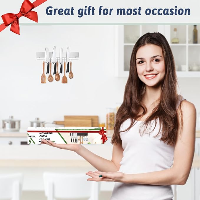 12 Inch Magnetic Knife Holder for Wall - Stainless Steel Magnet Knife Strip No Drill with 5 Hooks/Adhesive Tape/Screws, Kitchen Utensil Holder, Magnetic Knife Organizer, Wall Mounted Knife Storage