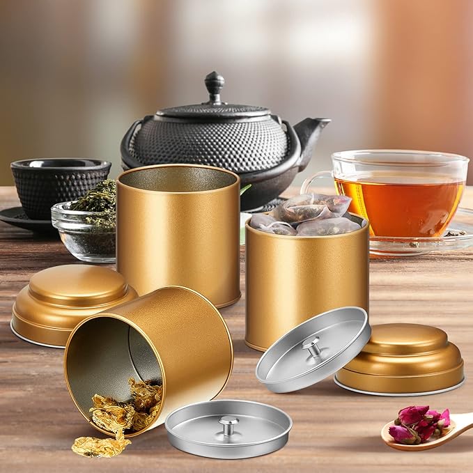 12 Pcs Tea Tin Canister with Airtight Double Lids 8 oz Round Tin Can Box Small Kitchen Tea Canister Loose Leaf Storage Containers for Loose Bags Coffee Sugar Candy Spices(Bronze Gold)