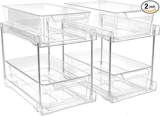 2 Pack 2-Tier Bathroom Under Sink Organizers and Storage - Clear Stackable Containers for Kitchen, Pantry, Vanity, Medicine Cabinet, Makeup, and Counter with Pull-Out Track