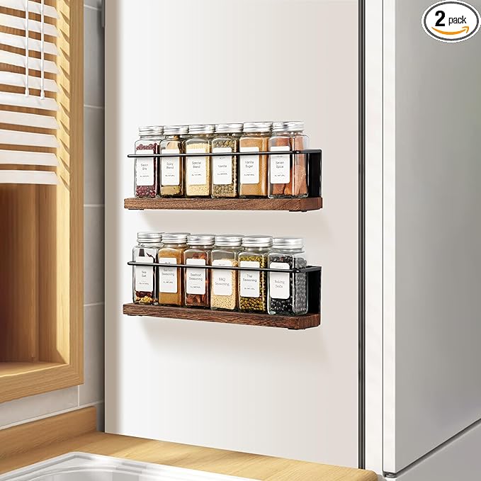 2 Pack Strong Magnetic Spice Rack Organizer for Refrigerator and Microwave Oven, Metal Fridge Shelf, Space Saver for Kitchen Organization and Storage, Black