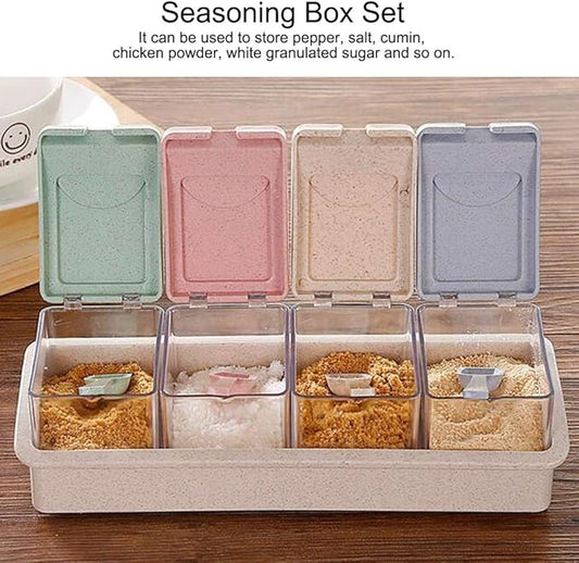 4-Grids Spice Jars, Transparent Seasoning Box Pepper Salt Seasoning Can Pot with Spoon for Home Kitchen
