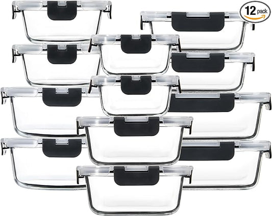 12 Pack Glass Meal Prep Containers with Airtight Lids, Leak-Proof Food Storage Containers, Dishwasher/Microwave/Oven/Freezer Safe Glass Containers for Lunch, Leftovers, to Go (Grey)