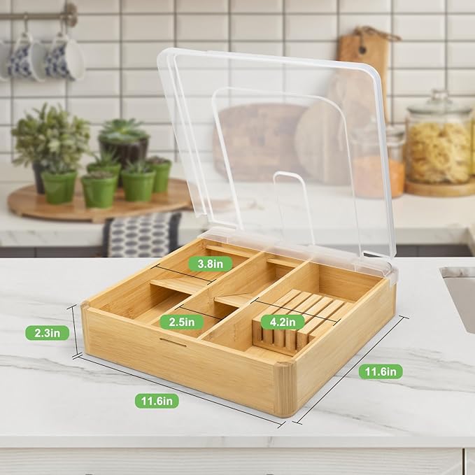 Bamboo Silverware Tray with Lid, Compact Bamboo Utensil Organizer for Kitchen Drawers Countertop, Dust-proof Sturdy Flatware Organizers and Storage Holder with Labels, Steak Knife Block