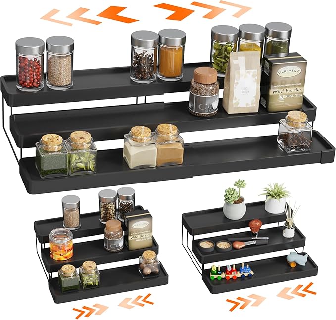 Expandable Spice Rack Organizer - 3 Tier Adjustable Spice Organizer for Cabinet & Countertop - Easy Visibility - Black