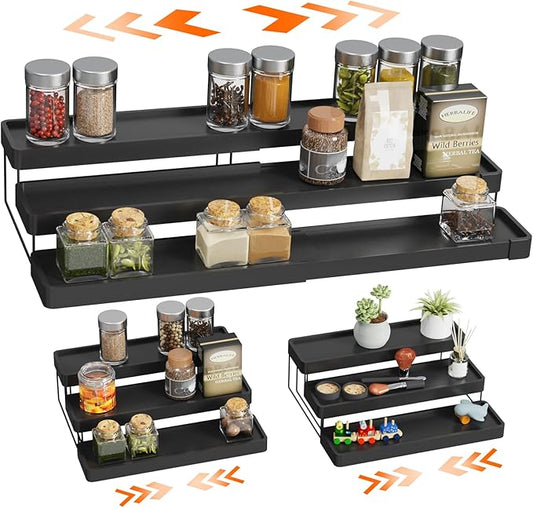 Expandable Spice Rack Organizer - 3 Tier Adjustable Spice Organizer for Cabinet & Countertop - Easy Visibility - Black