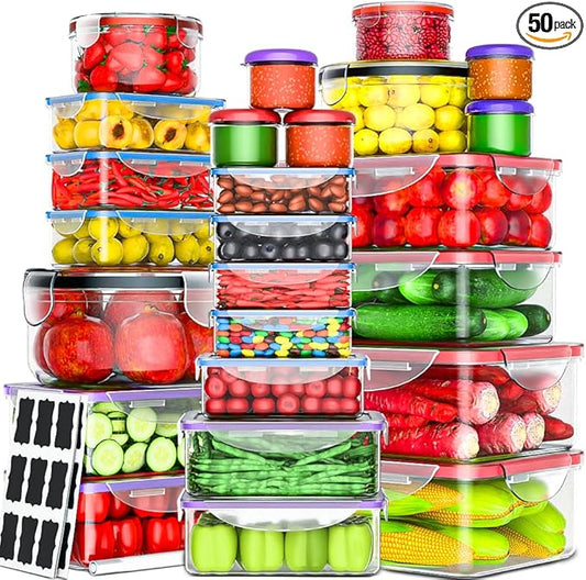 50 Pcs Large Food Storage Containers with Lids Airtight-85 OZ to small Containers-Total 526OZ Stackable Kitchen Set -BPA Free Leak proof containers- Freezer Microwave safe (Multiple-color-of-50Pcs)