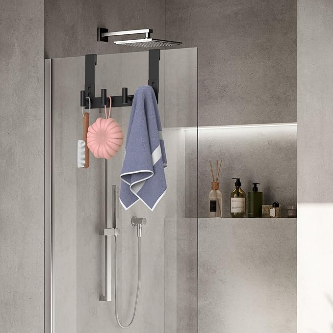 WUIVIUT Over The Glass Shower Door, Metal Shower Wall Mount Bath Hooks, Heavy Duty Rack Hooks for Robe, Towel (4 Hook, Fits 3/8'' Thick)