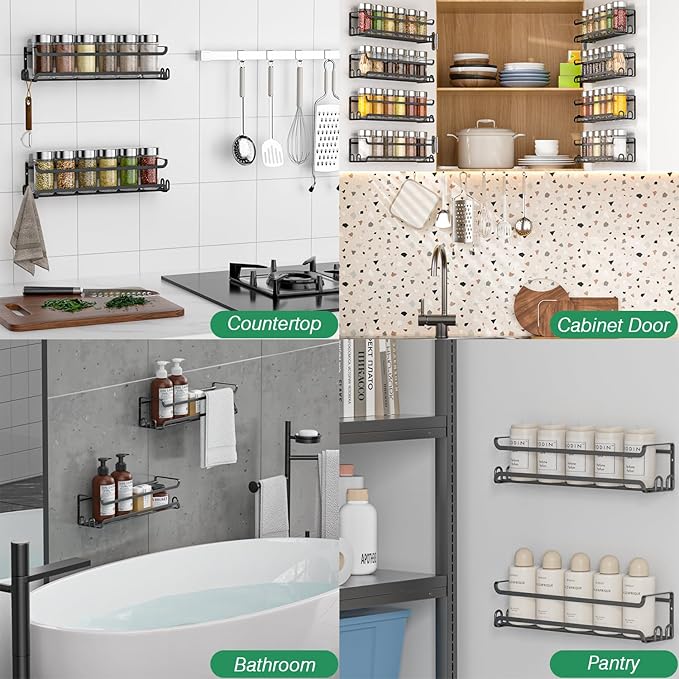 LUCYCAZ 8 Pack Wall Mounted Spice Rack with 32 Hooks, Spice Organizer for Cabinet Pantry Door,Screw or Adhesive Spice Shelf Hanging Wall Spice Rack in Kitchen and RV (Black)