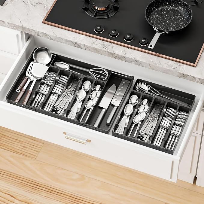 Yieach Black Expandable Silverware Organizers for Kitchen Drawers,Large 8 Grid Silverware Tray and Cutlery Drawer Organizer,BPA Free Kitchen Utensil Organizer for Knife,Spoons Forks Set Flatware Tray