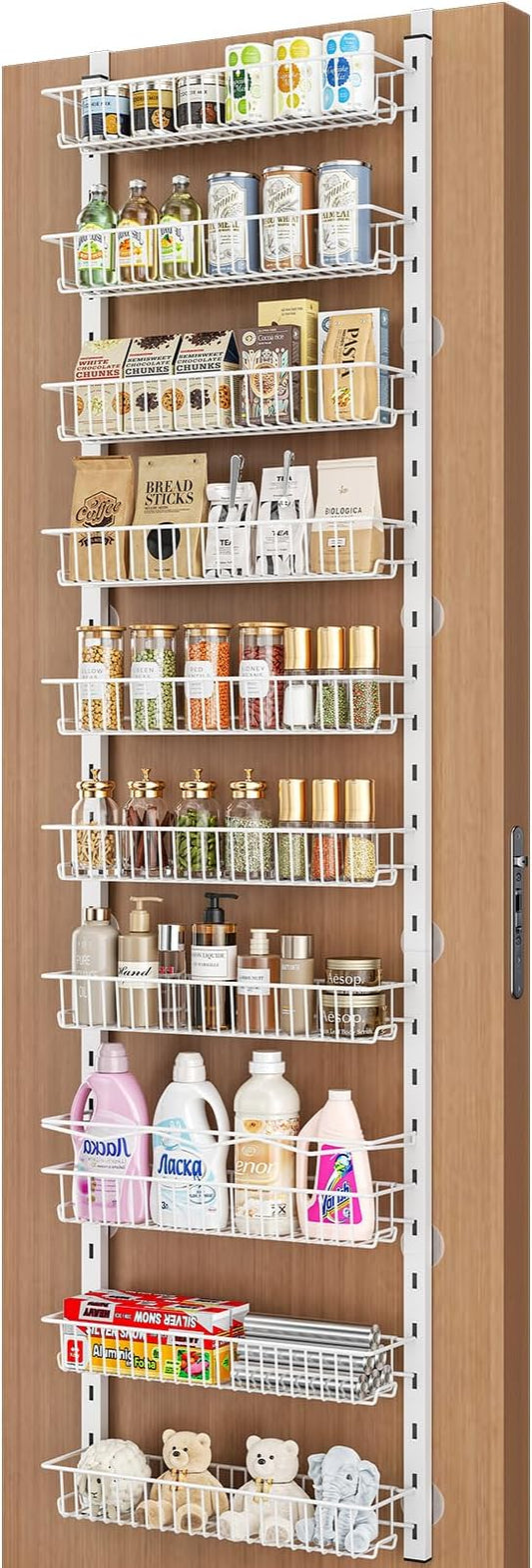 Over the Door Pantry Organizer, 10-Tier Adjustable Spice Rack Cabinet Door Shelves, Hanging Seasoning Organizer for Kitchen Bathroom, Laundry Room Organization, White