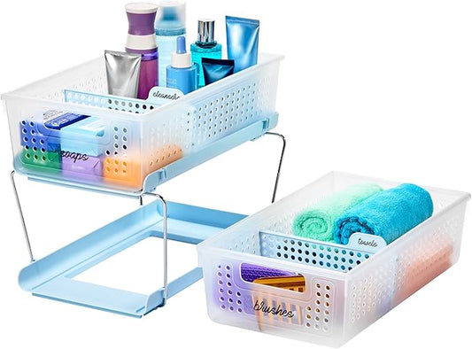 madesmart 2-Tier Plastic Multipurpose Organizer with Divided Slide-Out Storage Bins, Under Sink and Cabinet Organizer Rack, Frost