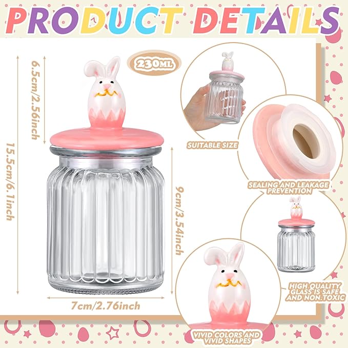 Nitial 4 Pcs Easter Glass Jar with Cap Bunny Rabbit Egg Shape Clear Candy Jar Decorative Food Storage Canister with Airtight Ceramic Lid for Eater Party Tea Cookie Table Decoration (7.8 oz,Bunny)