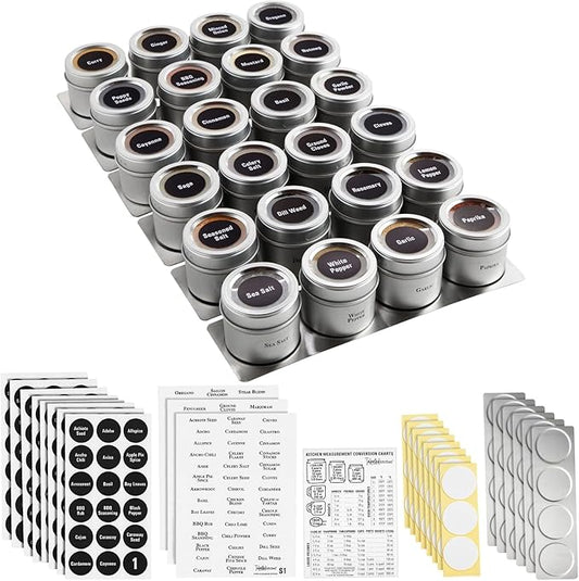 Talented Kitchen 24 Magnetic Spice Jars with Sift-and-Pour Lids for Refrigerator with 6 Metal Plate Bases and 269 Preprinted Seasoning Labels in 2 Styles for 3 oz Herb Containers