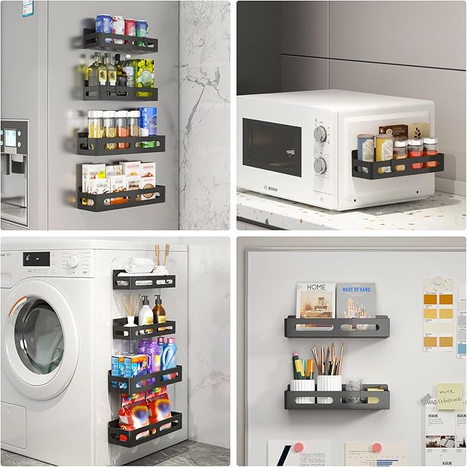 2 Pack Magnetic Spice Rack for Refrigerator, Spice Rack Organizer, Moveable Magnetic Shelf Fridge Organizer with 4 Hooks for Kitchen and Oven Organization, Black