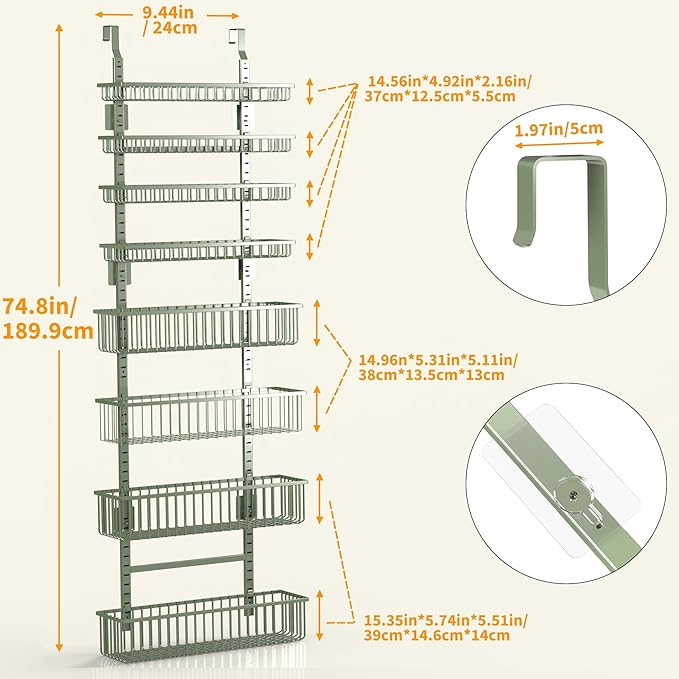 Moforoco Sage Green Over The Door Pantry Organizer, Pantry Door Organizer Shelves, Kitchen Organizers and Storage, Hanging Basket Wall Spice Rack Seasoning Shelves