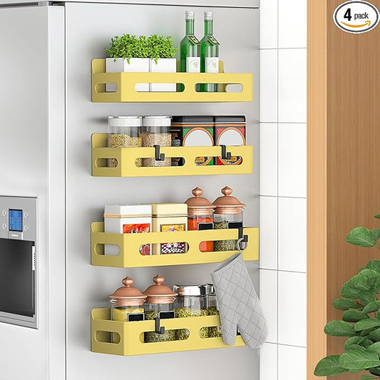4 Pack Magnetic Spice Rack for Refrigerator, Spice Rack Organizer, Moveable Magnetic Shelf Fridge Organizer with 4 Hooks for Kitchen and Oven Organization, Yellow