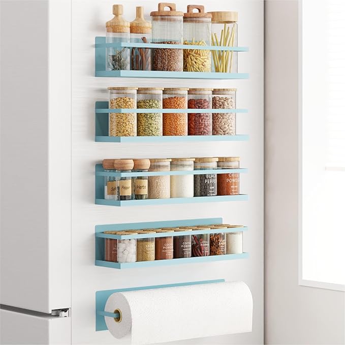 Magnetic Spice Rack For Refrigerator Magnetic Fridge Shelf For Kitchen Blue 4 Pack With Magnetic Paper Towel Holder