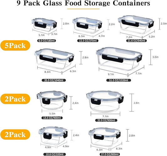 ennogyoson18-Piece Glass Food Storage Containers with Lids Airtight, Meal Prep Container for Lunch, Glass Bento Boxes with Leak Proof Locking Lids, for Microwave, Oven, Freezer and Dishwasher Safe