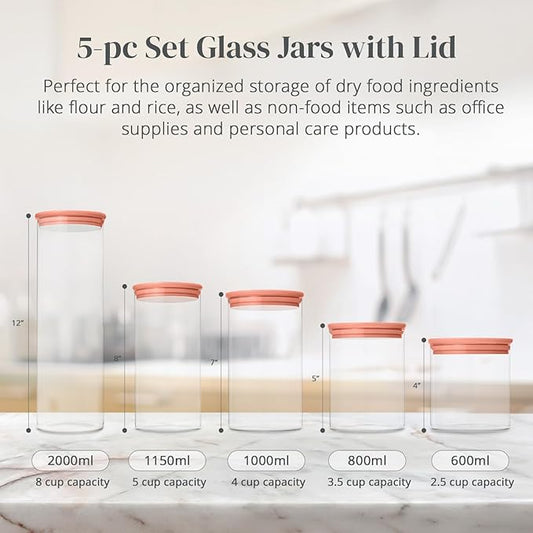 5-Piece Glass Storage Containers With Lids | Food Grade Safe Airtight Snack Containers, Pantry Organizers and Kitchen Storage with Colorful Bamboo Lids for Pasta, Oats, Coffee & Sugar
