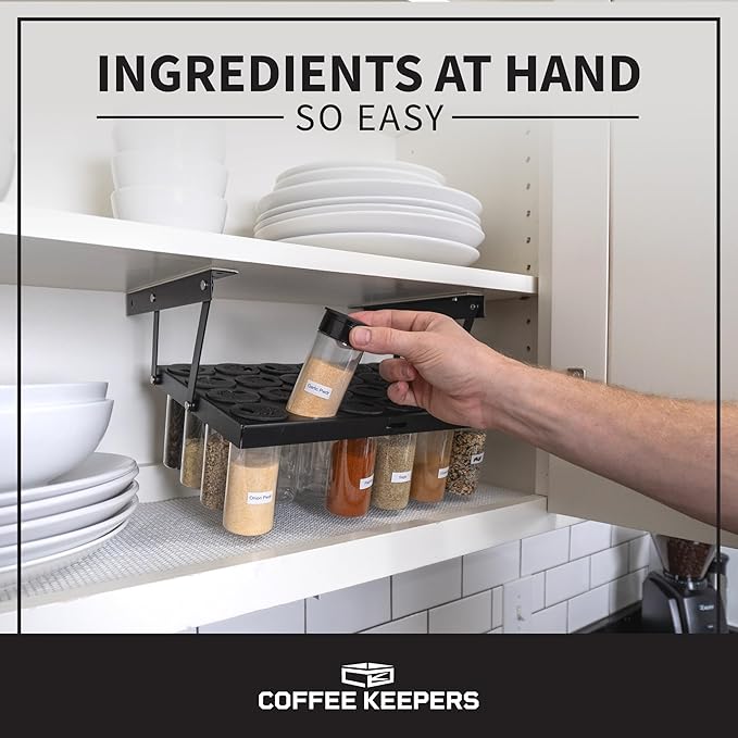 Spice Keepers - 12 Spice Jars - Easy Access Spice Jar Set - View & Store 100mL Jars - Seasonings & Spices - Use With Coffee Keeper Rack - Kitchen Organization (12 ct) Black