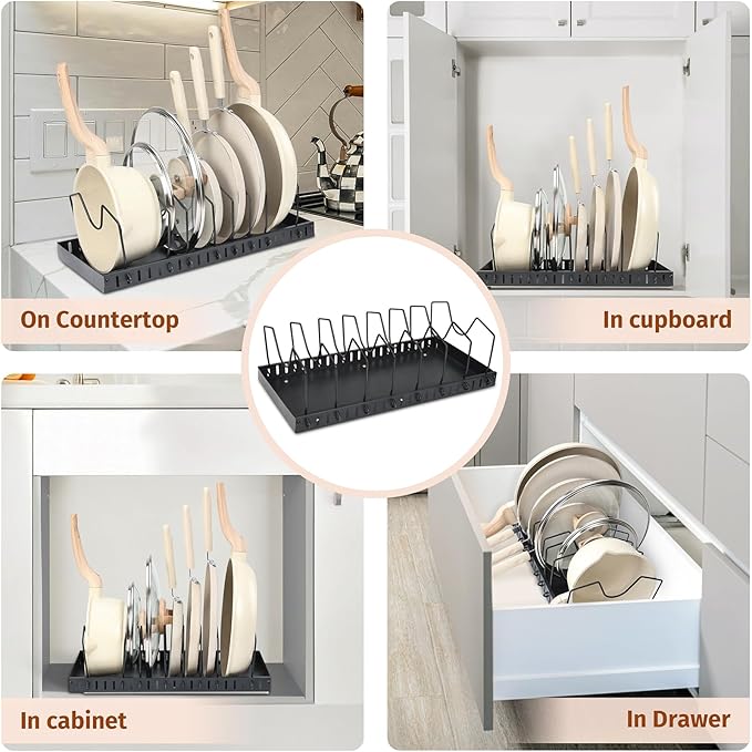 Kitchen Pots and Pans Organizer for Under Cabinet,Retractable Pot Lid Organizer with 8 Adjustable Compartment,17'*8.3" in Pot Rack for Kitchen Storage
