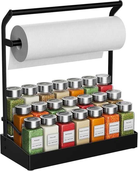 RCHYFEED 2 in 1 Countertop Paper Towel Holder Shelf with Spice Rack,3 Tier Spice Organization for Cabinet,No Drilling Paper Towel Holder with Spice Rack for Kitchen,RV,Seasoning Organizer（Black）