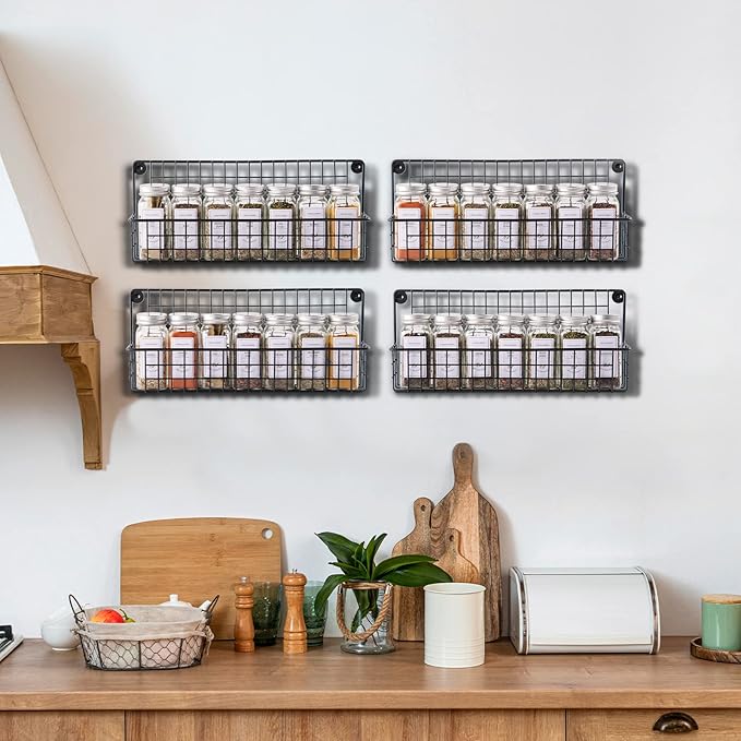 Spice Rack with 28 Jars and Labels,4 Tier Wall Mounted Spice Rack with Jars with 400 White Spice Labels, Chalk Marker and Funnel Set for Cabinet, Countertop, Pantry, Cupboard or Door & Wall Mount.