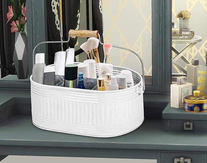 CLEENTABLE Galvanized Utensil Caddy – Rustic Farmhouse Chic Multi-Compartment Organizer for Kitchen, Parties & Picnics (13.5" L x 10" W x 5.5" H)