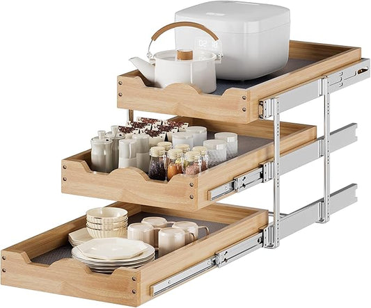 DINDON 3 Tier Pull Out Cabinet Organizer 14”W X21”D Slide Out Shelves With Shelf Liner for Kitchen Wood Roll Out Drawers Pantry Organization