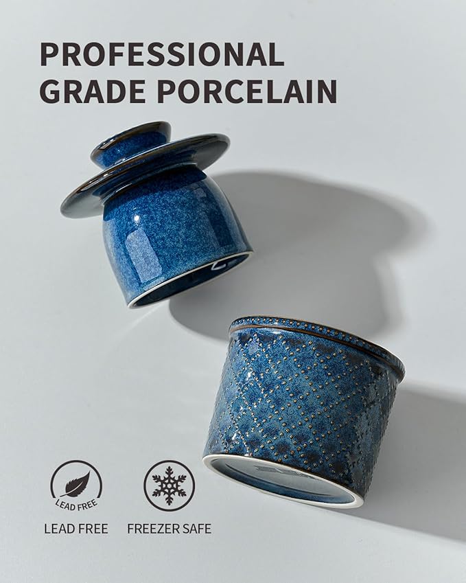 XELA - Ceramic Butter Crock - Butter Dish with Lid for Countertop - Keep Your Butter Perfectly Spreadable 24/7 - Embossed - Kiln Turns Blue