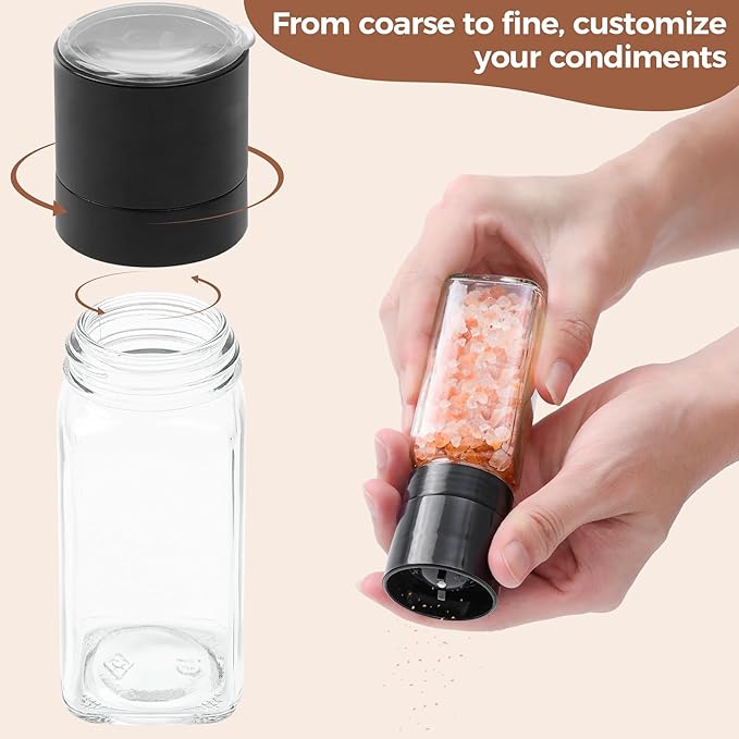 ComSaf 24Pcs 4oz Glass Spice Jars with Shaker Lids, 93 Labels, a Handy Funnel, a Pepper Grinder, Empty Spice Containers and Square Spice Bottles for Kitchen and Seasoning