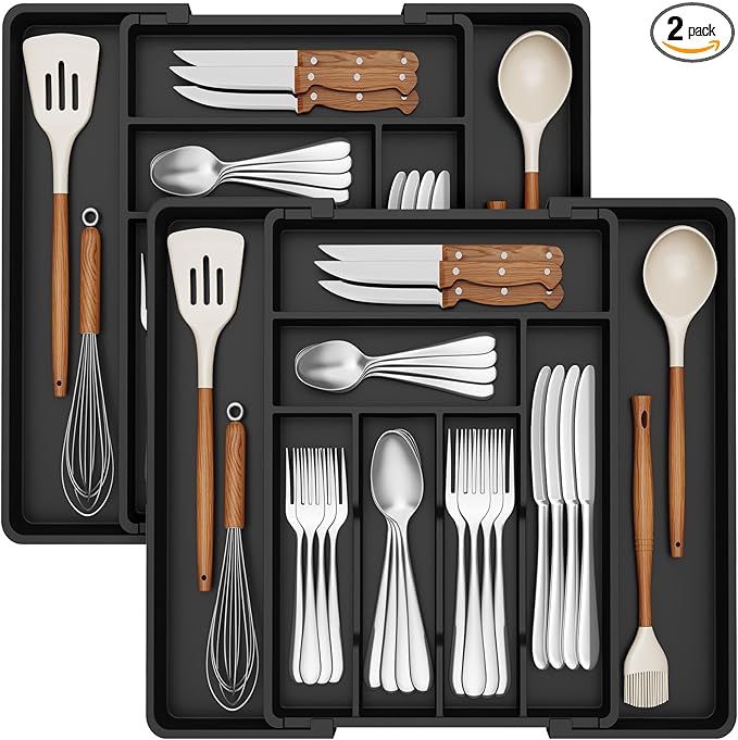Lifewit Expandable Silverware Drawer Organizer, 22.4 x 16.7 x 2 inches, Adjustable Utensil Cutlery Tray for kitchen, Plastic Flatware Spoon Fork Knives Holder Storage Divider,2 Pack, Black