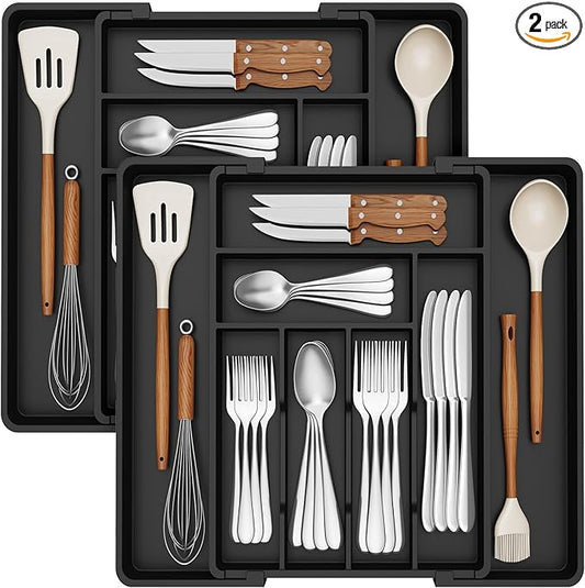 Lifewit Expandable Silverware Drawer Organizer, 22.4 x 16.7 x 2 inches, Adjustable Utensil Cutlery Tray for kitchen, Plastic Flatware Spoon Fork Knives Holder Storage Divider,2 Pack, Black