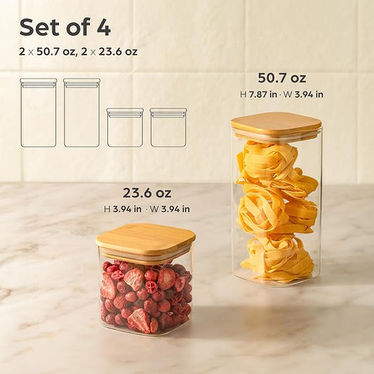 Square Glass Food Storage Jars 50 oz & 24 oz - Set of 4 Kitchen Storage Jars with Bamboo Lid Airtight for Coffee, Flour, Pasta, Cereal, Cookie, Spice and More