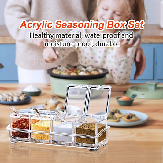 ZGWJ Acrylic Kitchen Spice Pots, 4 Piece Clear Seasoning Box Set, Storage Container Condiment Jars for Spice Salt Sugar Cruet, Seasoning Rack Spice Pots with Cover and Spoon