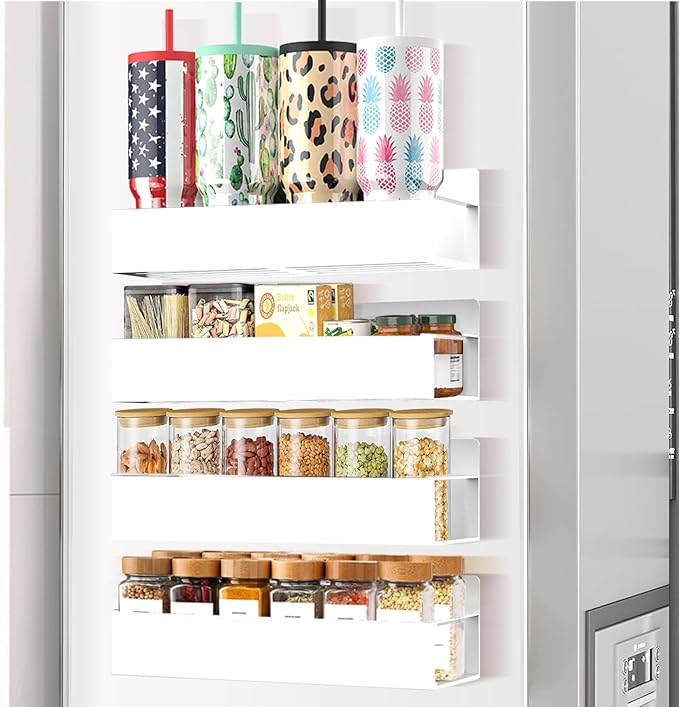 Magnetic Spice Rack Organizer for Fridge Seasoning Organizer for Kitchen storage with Screw or Adhesive Hanging,Magnetic Shelf with Hook for Refrigerator and Oven (White, 4pack)