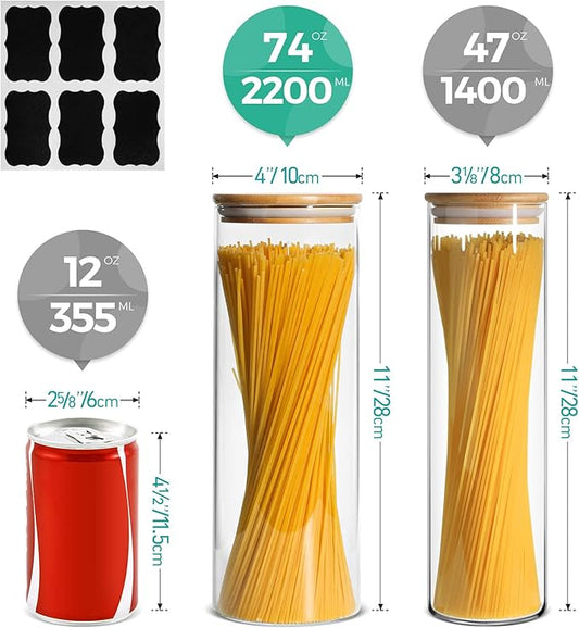 ComSaf Glass Spaghetti Pasta Storage Container with Lids 70oz Set of 3, Tall Clear Airtight Food Storage Jar with Wood Cover Kitchen Pantry Storage Container for Noodles Flour Cereal Coffee Beans