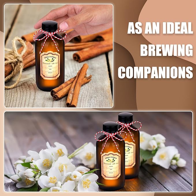 12 Pack Amber Glass Bottles for Vanilla Extract Homemade 8 oz,Vanilla Extract Bottles,Brown Boston Round Bottles with Caps and Stickers,Glass Food Storage Canister for Syrup Beans Sauce Essential Oil