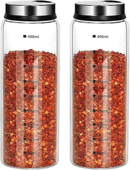 Verdental 15 oz Salt and Pepper Shakers Set with Adjustable Outlet Holes Clear Glass Bottles Spice Seasoning Cans Jar for Kitchen Decor and Home Restaurant BBQ Camping Farmhouse(2 Pcs, 450 ML)
