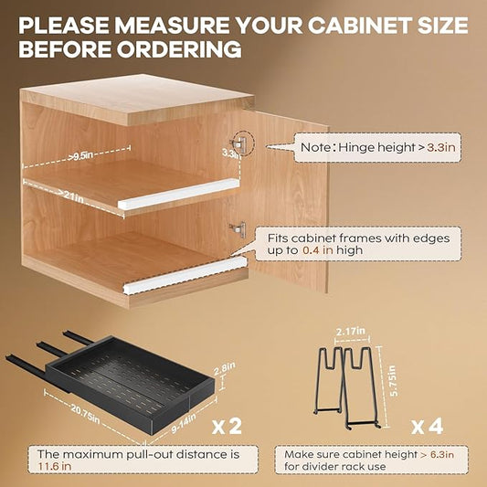 2 Pack Pull out Cabinet Organizer 21" Deep With Raising Pad for Framed Cabinets, Expandable Slide out Drawers for Kitchen Cabinets with 4pcs Divider Racks, Roll out Shelves 9"-14" W Black
