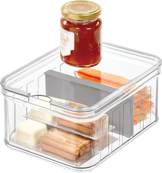 iDesign Plastic Crisp Divided Fruit and Vegetable Storage with Easy to Grip Integrated Handles Designed to Keep Food Fresh Longer, 8.32" x 6.32" x 3.76", 2 Section